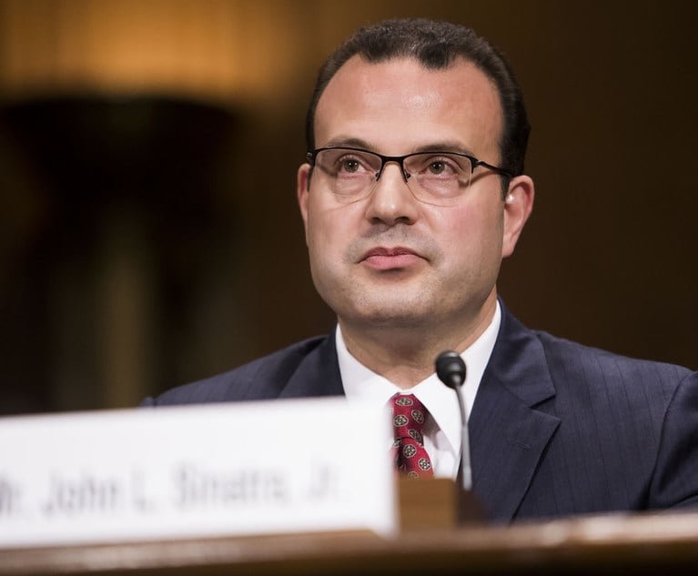 John Sinatra, Jr. testifies before the Senate Judiciary Committee during his confirmation hearing to be U.S. district judge for the Western District of New York, on Aug. 1, 2018.  Photo: Diego M. Radzinschi/ALM